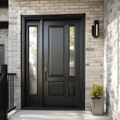 Sleek black fiberglass front door with a sidelite, creating a modern, welcoming entrance.