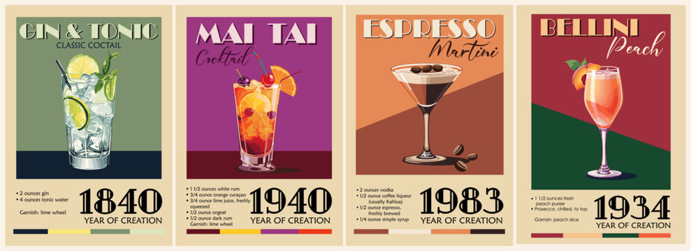 Set of Cocktail retro posters with recipe. Classic Gin and Tonic, Mai Tai, Belini, Espresso Martini  Popular alcohol drinks. Vintage vector illustration, bar, pub, restaurant, kitchen decor