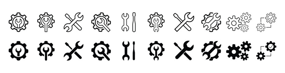 Set of Tools and Service icons in outline and flat style.  wrench, hummer, screwdriver, maintenance, installation, technical. setting symbol, repair, service sign, Vector illustration