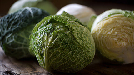 Fototapeta premium Fresh Green Cabbage Varieties on Rustic Wooden Table in Natural Light for Farm Fresh Culinary Presentations