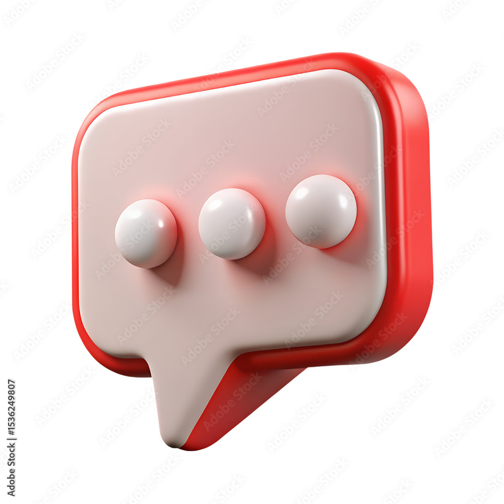 Poster 3d rendered illustration of a stylish red and pink speech bubble icon with three white dots for comm