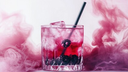 Elegant blackberry cocktail with artistic smoke effect and ice cubes