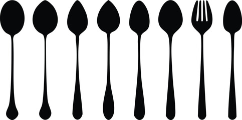 Vector Illustration of Minimalist Black Silverware Silhouettes Featuring Seven Distinct Spoons and a Single Fork Aligned Against a White Background

