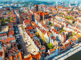 Gdansk with Motlawa river in Poland. Aerial landscape of the Main Town. Old town colourful house with saint Marys church