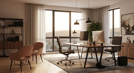 Fototapeta premium Office with Desk Chair Computer Lamp Art Bookshelf Curtain