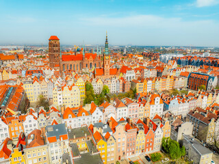 Gdansk with Motlawa river in Poland. Aerial landscape of the Main Town. Old town colourful house with saint Marys church