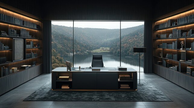 Dark, modern office with panoramic view