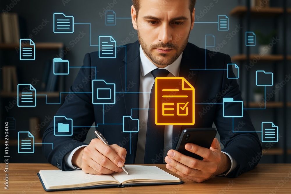 Aufkleber business professional analyzing digital documents with glowing icons and abstract light background i