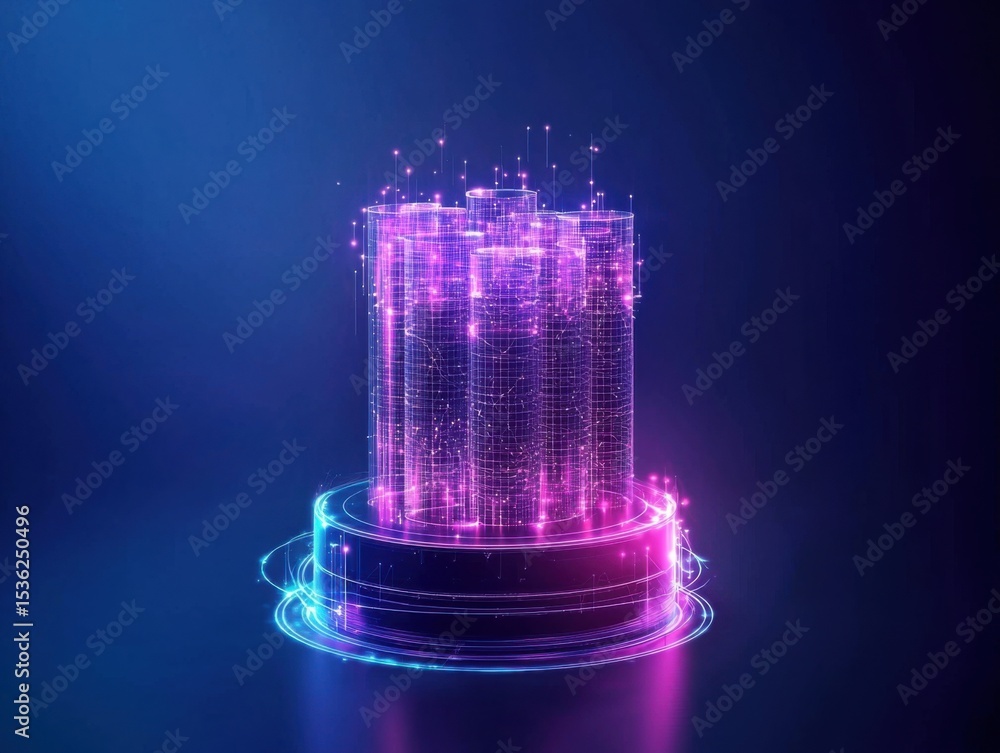 Poster a glowing futuristic digital cylinder made of purple and blue data points and lines hovers against a
