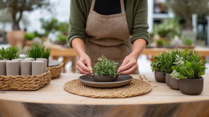 Sustainable gardening woman tending small plants in natural home setting