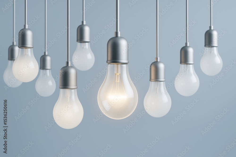 Aufkleber hanging light bulbs on blue background with one illuminated in the center, symbolizing innovation an