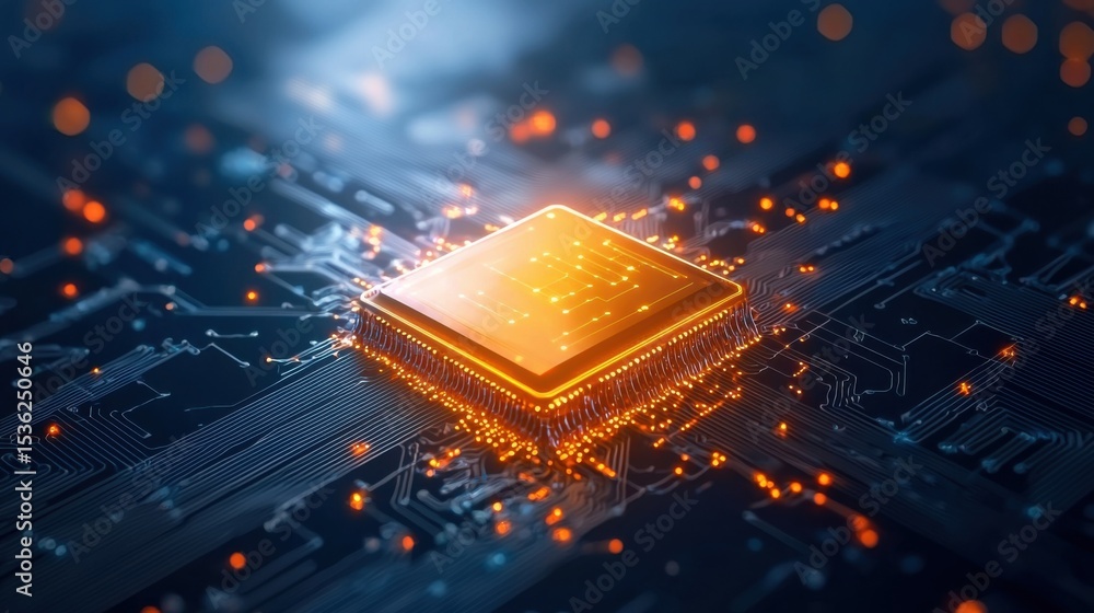 Poster a glowing microchip on a futuristic circuit board, symbolizing advanced technology and electronic in