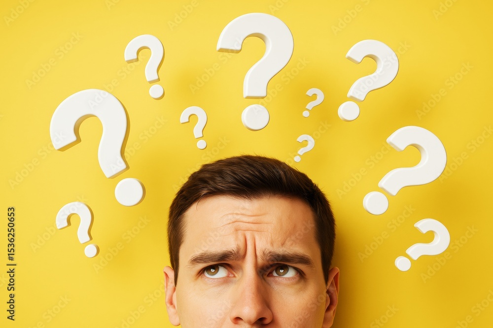 Aufkleber confused young man looking up with white question marks above head on bright yellow background, symb