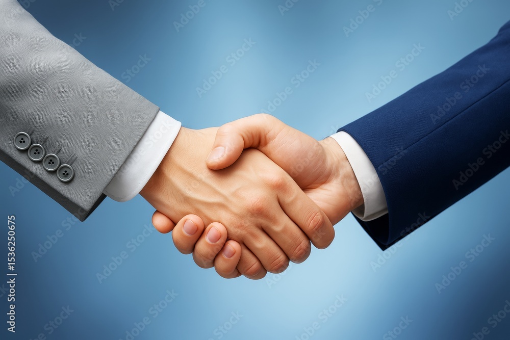 Poster close-up of professional business handshake between two people in suits on a light blue background s