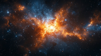 Naklejka premium Explosive cosmic burst radiates stars and vibrant light across vast space, showcasing dynamic energy, celestial phenomena, cosmic beauty, and the infinite wonders of the universe in a dramatic scene. 