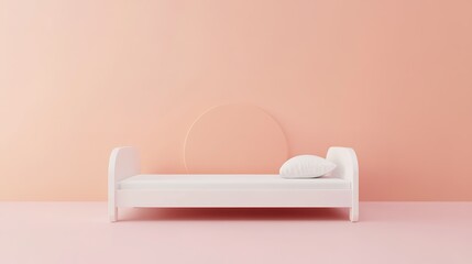 A minimalist white daybed with a single pillow is set against a soft peach background, creating a calm and modern aesthetic.