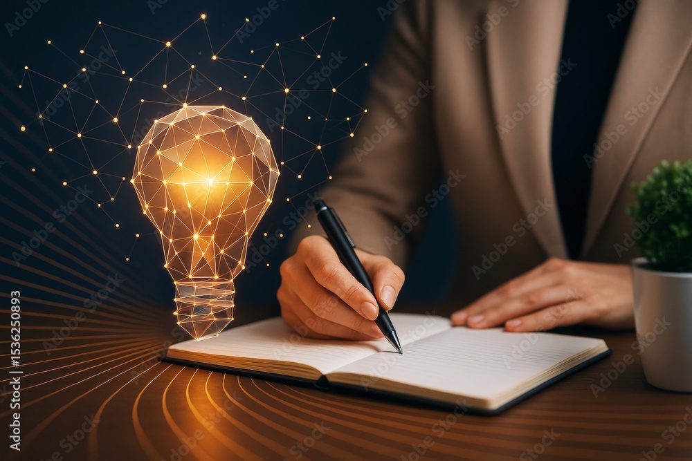 Poster Business professional writing in notebook with glowing abstract light bulb symbolizing innovation and ideas on dark background. Ai generative.
