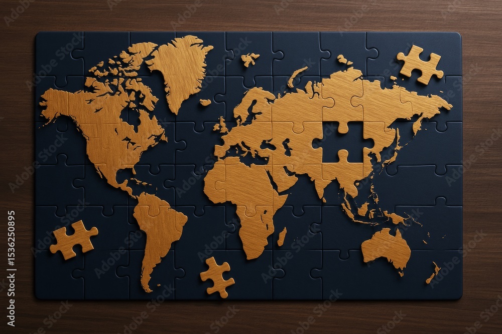 Aufkleber wooden jigsaw puzzle of world map with missing pieces on dark wood table, symbolizing global strateg