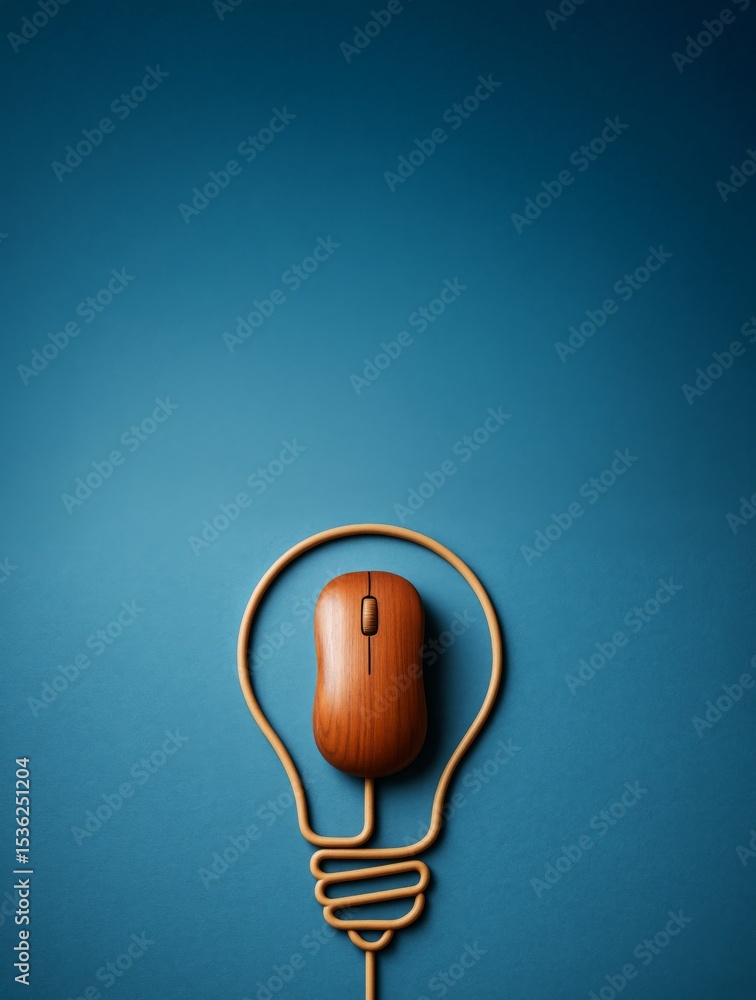 Poster Wooden computer mouse shaped as a light bulb with cable on blue background symbolizing creativity and innovation in business ideas and design concepts.
