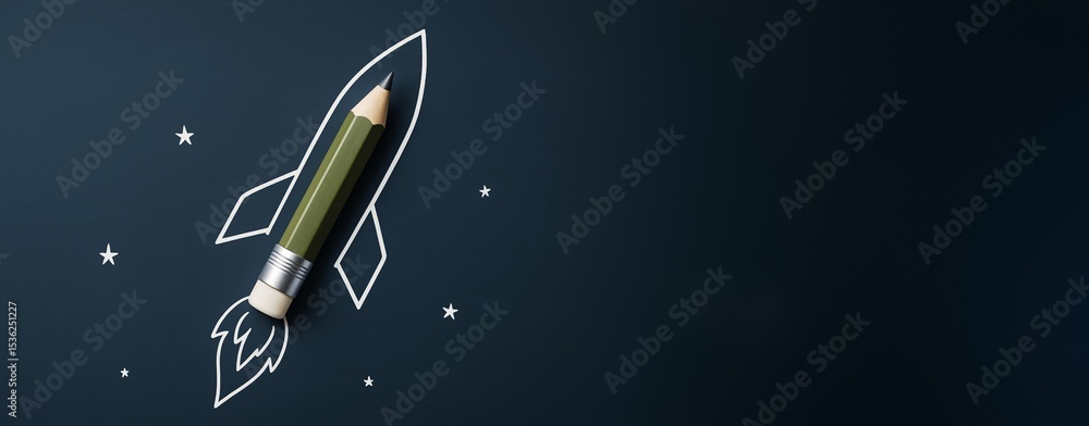 Poster pencil shaped like rocket launching forward with drawn flames and stars on dark background, symboliz