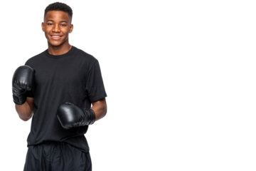 Smiling African American high school student wearing black boxing gloves and sportswear, standing confidently, isolated on transparent background