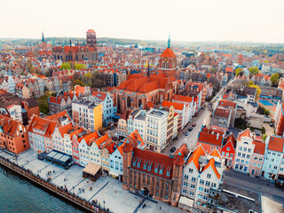 Gdansk with Motlawa river in Poland. Aerial landscape of the Main Town. Old town colourful house with saint Marys church