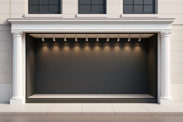 Empty storefront display with spotlights and classic white columns, ideal for advertising mockup or branding presentation template background.