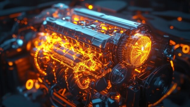 Futuristic engine design with glowing components for technological advancement