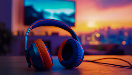 A pair of vibrant modern headphones with orange and blue ear cups sit on a wooden table, and a flat-screen TV displays colorful scenes in a blurred background.