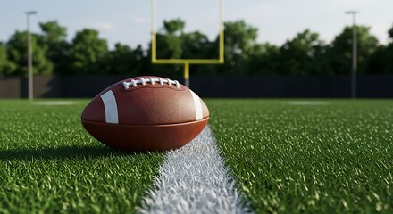 Obraz premium American football on a field. Goal posts in background