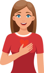 Vector Illustration of a Young Woman with Light Brown Hair and Blue Eyes Smiling Warmly with Hand on Heart, Wearing a Red Shirt in a Stylized Clean Graphic Style

