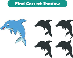 Funny cartoon dolphin. find the correct shadow. Kids Education games. Cartoon vector illustration
