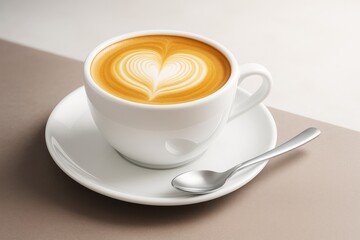 Naklejka premium White ceramic cup of cappuccino with heart-shaped latte art on dual-tone background and spoon on saucer, captured in creative light style.