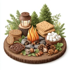 Campfire S'mores Scene with Lantern and Pine Cones