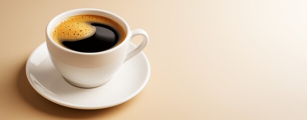 White porcelain coffee cup filled with black coffee on a light beige background with empty copy space for advertising or banner template concept.