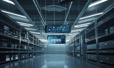 High-tech warehouse interior showcasing digital screens displaying data analytics and inventory - Powered by Adobe