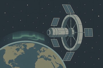 Modern Space Satellite Exploration: Digital Vector Illustration of Earth in the Solar System