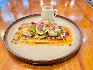 Thai spicy shrimp salad with lemongrass and herbs. Famous Thai food