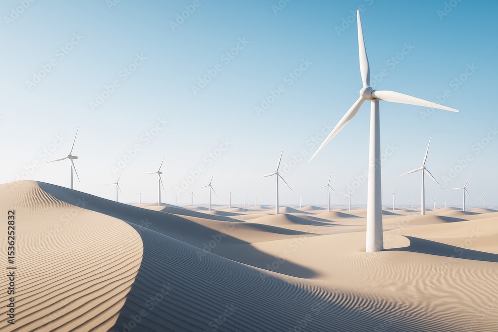 Aufkleber wind turbines in a desert environment under clear sky with soft light and minimalistic background em