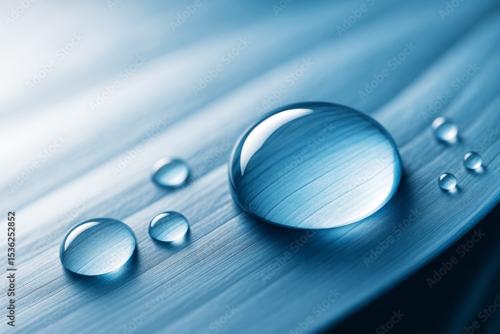 Poster Close-up of water droplets on blue surface with soft lighting and smooth texture creating a tranquil clean background environment aesthetic concept.