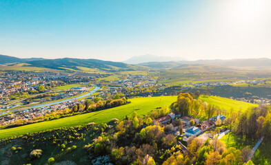 Slovakia landscape and panoramic sunny day view of Tatras mountain and Stara Lubovna castle