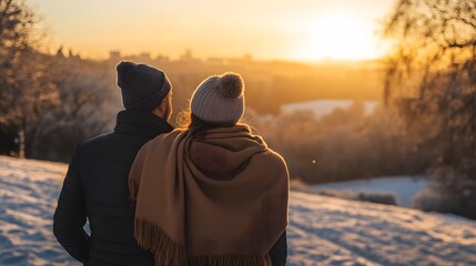A couple gazes at the winter sunrise.