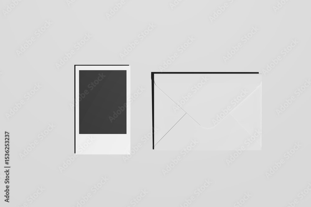 Aufkleber composition of realistic black photo frames on light background. vector set of realistic white envel