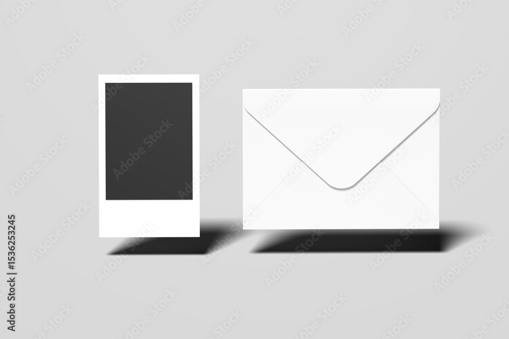 Aufkleber composition of realistic black photo frames on light background. vector set of realistic white envel