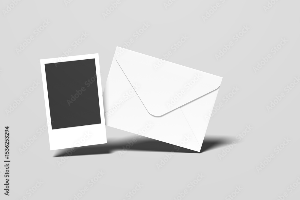 Aufkleber composition of realistic black photo frames on light background. vector set of realistic white envel