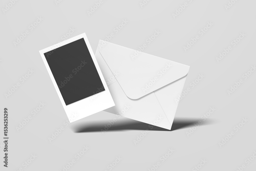 Aufkleber composition of realistic black photo frames on light background. vector set of realistic white envel