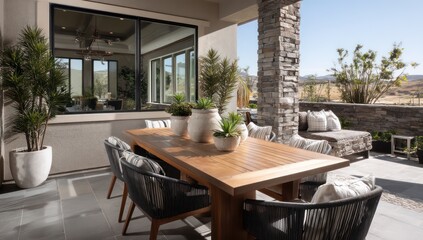 Fototapeta premium Cozy and modern outdoor dining area with sleek furniture, plants, and a scenic view.
