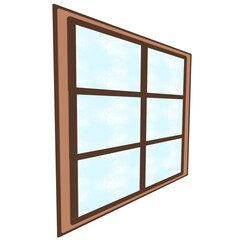 A stylized 3D illustration of a vintage wooden window frame featuring six glass panes. The perspective renders a slightly angled view, showcasing the warm brown wood texture and dark blue tinted glass