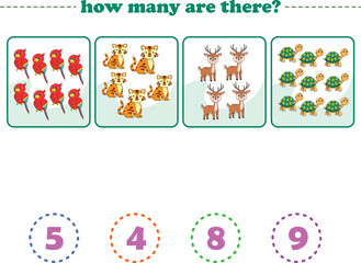 Counting game of wild animals for preschool kids. Printable. Vector Illustration