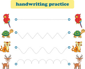 Handwriting Practice. Tracing lines for kids with animals. Vector Illustration